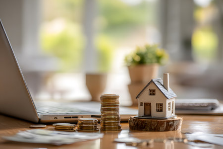 A miniature house sits near stacks of coins and a laptop computer representing financial planning.の素材