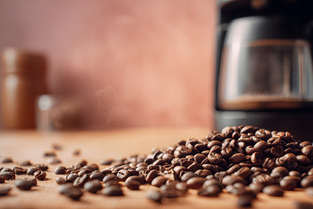 A pile of coffee beans sits on a wooden surface near a coffee maker.の素材