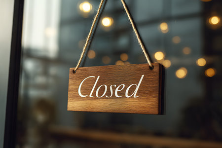 A wooden sign hangs on a glass door with the word closed written on it.の素材