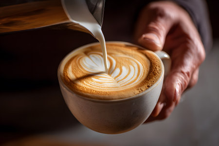 Milk streams into a cup of coffee creating art on top.の素材