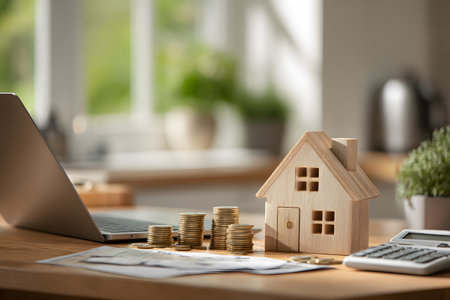 A small wooden house sits near stacks of coins and a laptop on a wooden table.の素材
