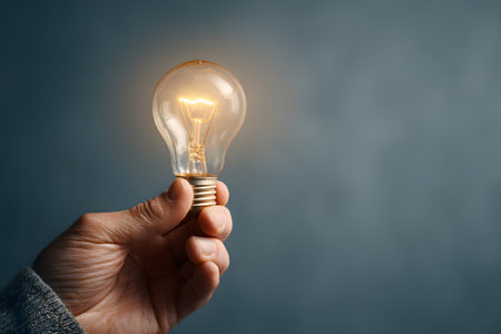 A bright light bulb glows in a hand, representing a new idea or discovery.の素材