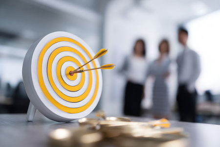 Arrows strike the center of a target, symbolizing success and achievement in business goals.の素材