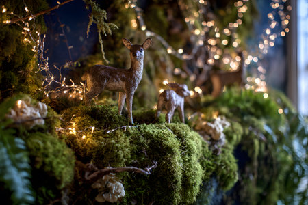 Christmas deer stand on moss with warm lightsの素材