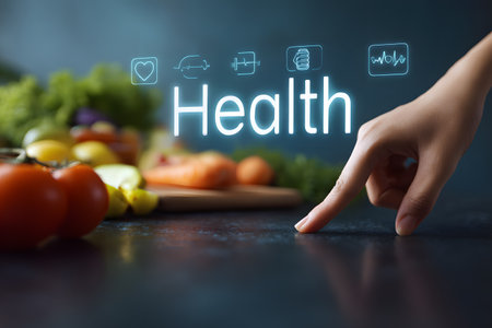 A hand touches the word Health with icons for well-being.の素材