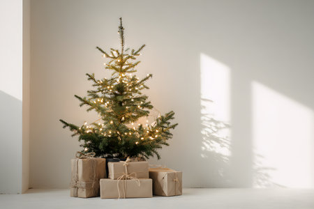 A lit Christmas tree stands with gifts beneath it.の素材