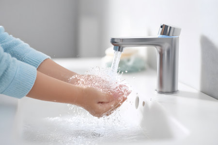 Hands washing under clean water from modern faucet in sink.の素材