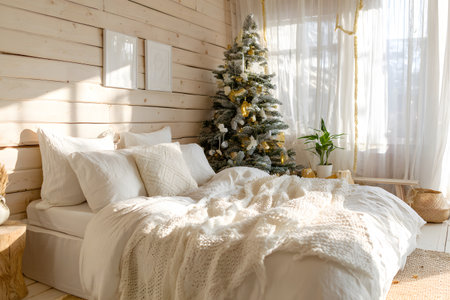 A cozy Christmas bedroom with a decorated tree and warm blankets.の素材