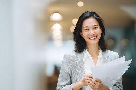 Business woman smiles holding documents with confidence and focus.の素材