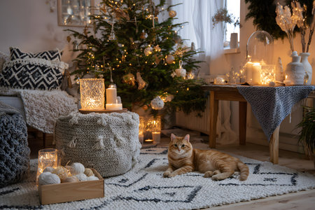 Ginger cat relaxing near a decorated Christmas tree with warm glowing lights.の素材