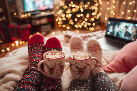 Christmas coziness with warm drinks and festive lightsの素材
