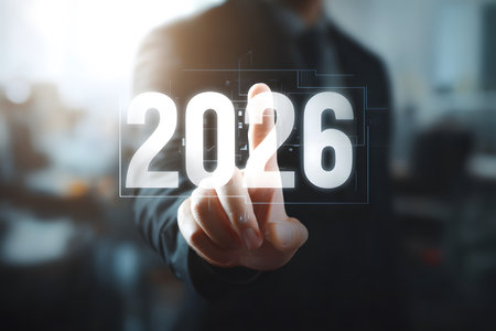 A hand touches the year 2026 on a digital screenの素材