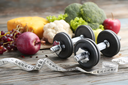 Healthy food and weights rest together on a wooden table.の素材