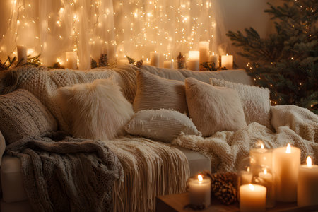 A cozy Christmas sofa with many soft pillows and warm candles glows with festive lights.の素材