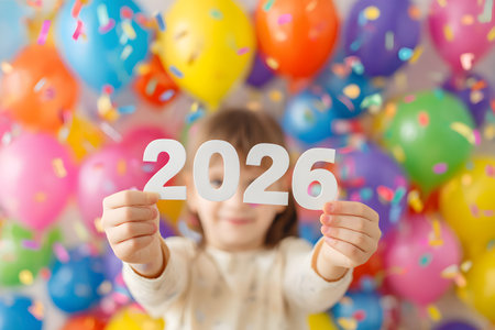 Child holds up the number 2026 with colorful balloons and confetti for a festive celebration.の素材