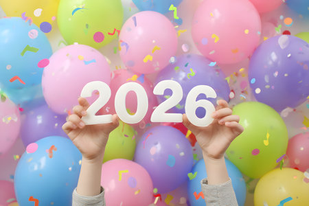 Hands hold the numbers 2026 in front of colorful balloons and confetti.の素材