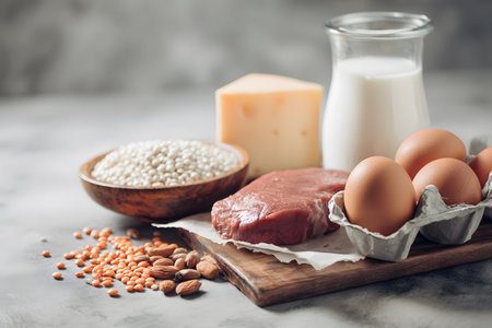 Natural foods rich in protein are displayed on a surface for eating.の素材