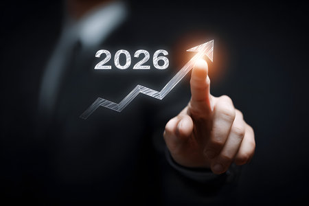 The year 2026 shows a strong upward trend with a finger pointing forward.の素材