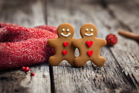 Two gingerbread cookies stand together with red hearts on a wooden surface during Christmas.の素材