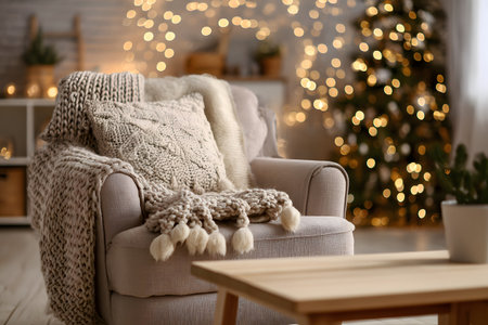Cozy Christmas chair with warm blankets and twinkling lights creates festive comfort.の素材