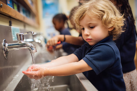 Child washing hands under running water at sinkの素材