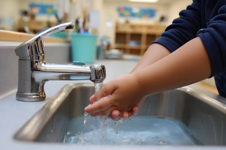 Child washes hands under running water from a faucet.の素材
