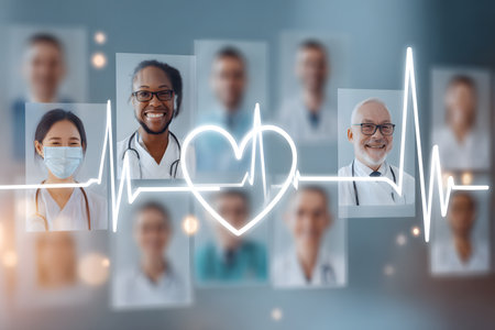 Diverse healthcare professionals smile showing their caring hearts and life pulses.の素材