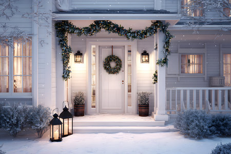 Christmas decorated porch with snow and lanterns shines brightly.の素材