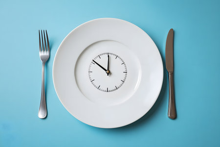 A white plate shows a clock face with a fork and knife ready for a meal.の素材