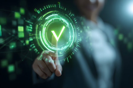 Digital check mark glowing green confirms success with a touch.の素材