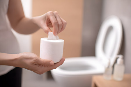 Hand taking tissue from roll next to a toilet.の素材