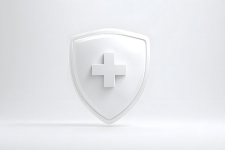 A white shield displays a plus symbol representing healthcare protection.の素材