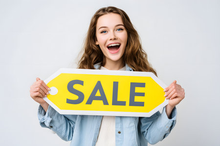 A woman holds a yellow sign announcing a sale during shopping.の素材