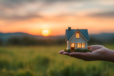 A small house rests gently in a hand against a beautiful sunset sky.の素材