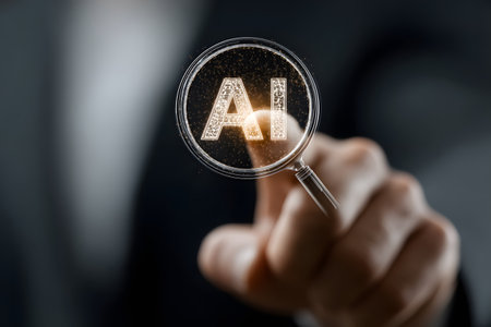 Magnifying glass examining the AI symbol with focused attention.の素材