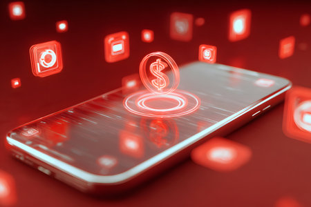 Digital money symbol hovers above a phone with glowing app icons around.の素材
