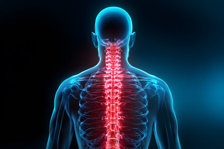 Anatomical human spine glows with vibrant red energy against a dark blue background showcasing skeletal structure.の素材