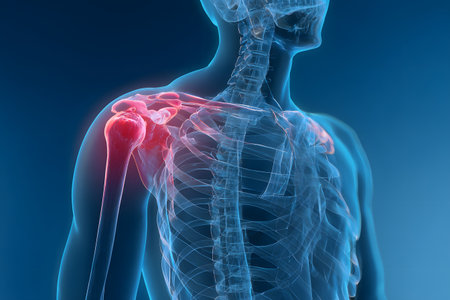 This shoulder joint shows visible signs of pain and inflammation with a clear red highlight.の素材