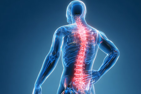 A glowing red spine highlights discomfort in a translucent blue human torso as it stands with hand on hip.の素材