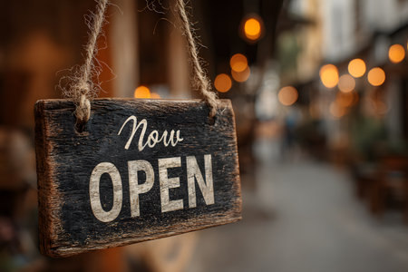A rustic wooden sign hangs to welcome everyone, showing the words Now Open in bold white letters.の素材