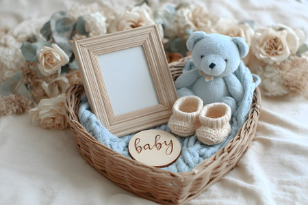 A baby's blue bear sits with tiny shoes and a frame in a basket.の素材