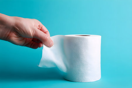 A hand pulls a sheet from a roll of white paper on a blue background.の素材