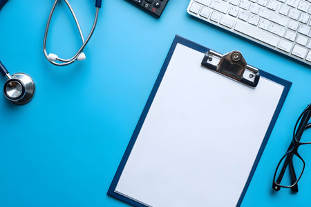 A stethoscope and clipboard sit ready for healthcare tasks.の素材
