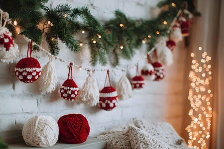 Christmas ornaments hang on a festive garland with pine needles and warm lights.の素材