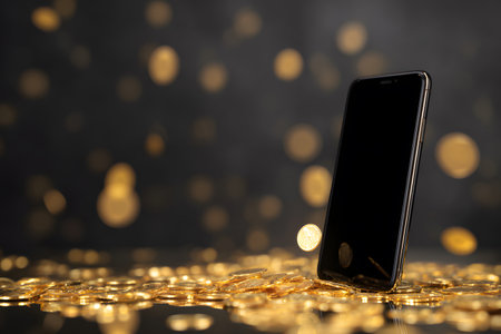 Phone displaying digital money with golden coins all around.の素材