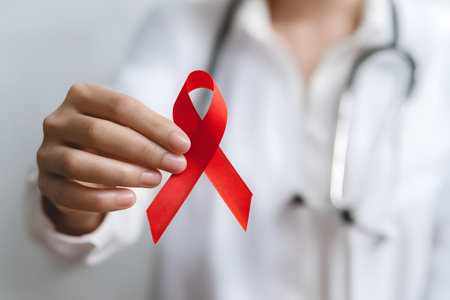 Red ribbon awareness held outの素材