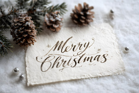 Christmas card with pine cones and snow wishes season greetingsの素材