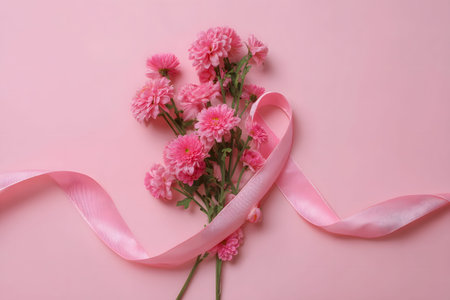 Pink flowers and ribbon represent breast cancer awareness and hope.の素材
