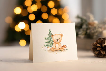 Cute teddy bear sits by a Christmas tree wishing happy holidaysの素材