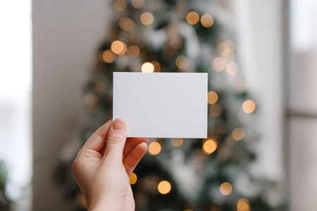 Hand holds blank card with Christmas tree lights bokeh background.の素材